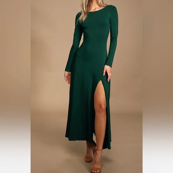 swept away forest green long sleeve maxi dress Hunter Green V-Neck Maxi Dress With Long Sleeve And Slit